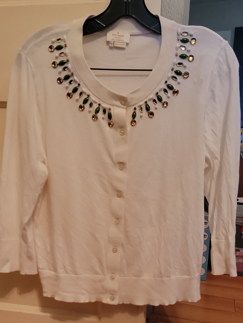 kate spade Vintage White Cardigan with Gold and Green Beaded Collar